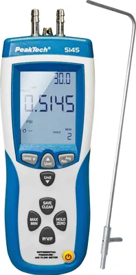 Immagine prodotto di PeakTech P 5145 - Manometro differenziale 0-50 mBar con velocità dell'aria, tubo di Pitot, registratore di dati USB e funzione di memoria - Ideale per HVAC, ventilazione