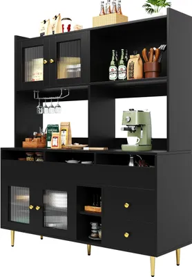 Produktbild von Sideboard Restaurant-Hochschrank Schliessfach Weinschrank Wohnzimmerschrank mit Glastuer Weinglasregal Multifunktional Stauraum Vitrine Schwarz