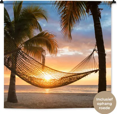 Produktbild von MuchoWow® Wandteppich Wandbehang Sonnenuntergang - Hängematte - Palme 120x120 cm Tapisserie Dekoration Wandtuch - Modern - Baumwollgewebe
