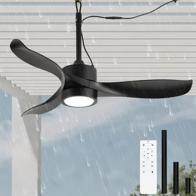 Zdjęcie produktu dla Wentylator sufitowy do użytku zewnętrznego, 106 cm, z oświetleniem i pilotem, IP65, wodoodporny. Sufitowa lampa z wentylatorem, LED, możliwość regulacji jasności. Cicha praca, 6 stopni wentylacji. Lampa sufitowa z wentylatorem, idealna na balkon lub do ogrodu. – S