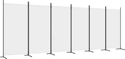 A long, white screen or partition is supported by multiple dark gray poles and stands.