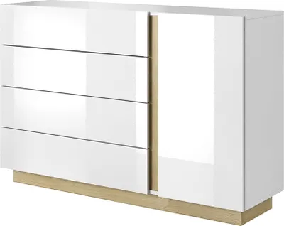 Obrázek produktu pro Kondela Jednodveřová komoda se šuplíky City D4S - bílá / dub grandson / bílý lesk