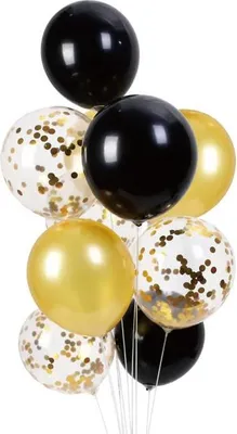 Zdjęcie produktu dla Balony złoto-czarne z konfetti – zestaw urodzinowy, 10 szt.