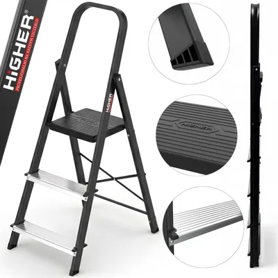 Zdjęcie produktu dla Drabina domowa stalowa jednostronna składana HIGHER 3 stopnie 150 kg