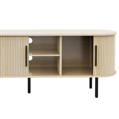 Produktbild von TV-Schrank mit Relief-Oberfläche, Spanplatte, ovaler Tischplatte, Schiebe-Gittertür, 147×35×58 cm, Eichenfarbe