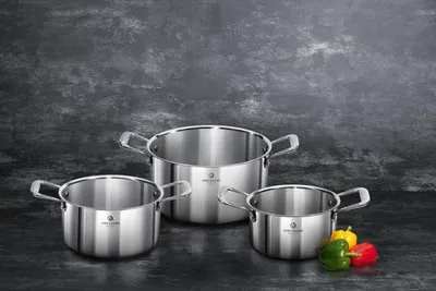 Produktbild von CHEF CUISINE International Edelstahl Topfset, 3-tlg., mit Keramik-Honeycomb-Beschichtung, Kochtöpfe Ø 16 cm, Ø 20 cm und Ø 24 cm, mit Glasdeckel