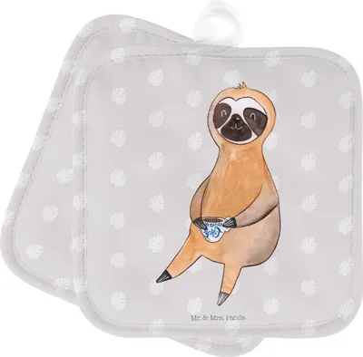 Produktbild von Mr. & Mrs. Panda Topflappen Faultier Kaffee - Grau Pastell - Geschenk, Topfuntersetzer, topfhalter, Coffee, Coffeeaddict, Coffeelover, Kaffeetasse, Topflappenset, Set