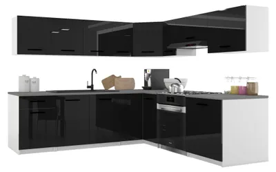 Image de Belini - Coin cuisine moderne ITALIA 7 - Meubles de cuisine 420 cm, noir - Cuisine équipée avec éléments hauts, éléments bas et plans de travail