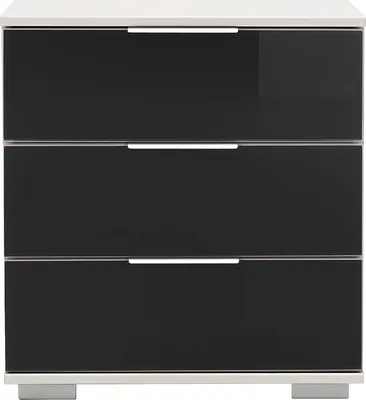Produktbild von Schlafzimmer Nachttisch Nachtschrank, auch für Boxspringbett geeignet, in weiß mit schwarzem Glas ELSTRA-43, B/H/T ca. 52/58/38 cm