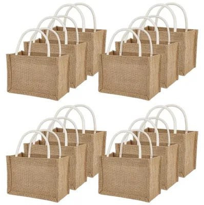 Produktbild von Set mit 12 Jute-Tragetaschen – Wiederverwendbare Einkaufstaschen – Robuste Jutebeutel – Faltbar – Weiß – Geeignet für den Einkauf