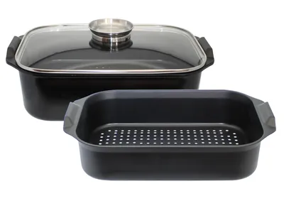 A black roasting pan with a glass lid and a perforated insert, shown against a white background.