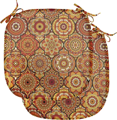 Image de ABAKUHAUS Coussins marocains pour chaises de salle à manger, motifs floraux Ottoman, coussins décoratifs imperméables avec sangles pour sièges de cuisine, 40 cm x 40 cm, lot de 2, orange, jaune, marron