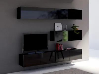 Produktbild von Wohnwand CALABRINI-8 Wohnzimmer-Set Hängewohnwand Schrankwand TV-Schrank Moderne Anbauwand Hochglanz (Schwarz)