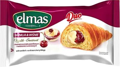 Zdjęcie produktu dla ELMAS Rogalik z kremem o smaku waniliowym i nadzieniem wiśniowym 60g