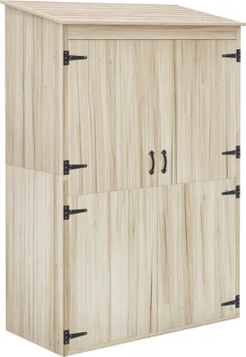 Image de Outsunny Armoire de jardin, armoire de rangement en bois, 2 étagères, 2 portes magnétiques, toit incliné, compartiment droit spacieux, 120 x 57 x 183 cm, bois naturel