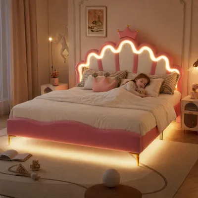 Produktbild von ProximaX Rosa-gefärbtes Polsterbett mit Maßen 140*200cm, Lattenrost, Krone-Form, Verstellbarer LED, für Kinder- und Jugendzimmer sowie Doppelbettverwendung, PolyurethanBeschichtung