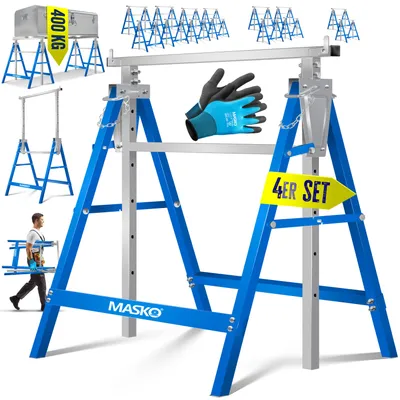 Image de Support télescopique pour échafaudage MASKO® | Socle pliable avec une capacité de charge maximale de 200 kg | Support réglable en hauteur, hauteur de travail minimale/maximale : 800-1300 mm | Échafaudage comprenant des gants