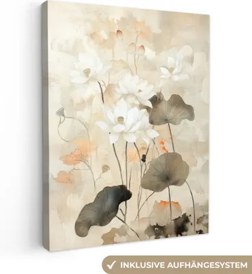 Produktbild von Leinwand Bilder 60x80 cm - Japandi - Blumen - Beige, Bild Modern, Wanddeko, Gemälde