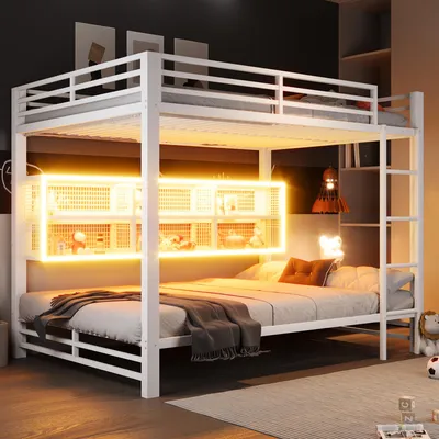 Produktbild von 140x200 Etagenbett mit Stauraumschränken und LED-Licht, Weiß