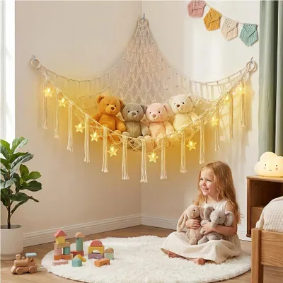 Aufbewahrungsnetz für Kuscheltiere mit LED-Lichtern, 150x105 cm, cremeweiß