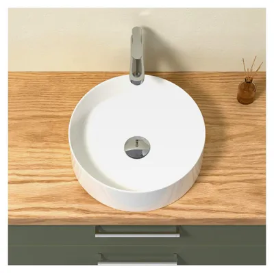 Produktbild von Rundes Aufsatzwaschbecken, kleines Handwaschbecken in elegantem, pflegeleichtem Design für Bad und Gäste-WC (Weiß Hochglanz, 39,5 x 39,5 x 13 cm)