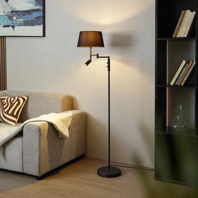 Zdjęcie produktu dla Lampa podłogowa czarna z czarnym kloszem i regulowaną lampką do czytania - Ladas