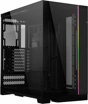 A black computer case with tempered glass panels and RGB lighting on the side.