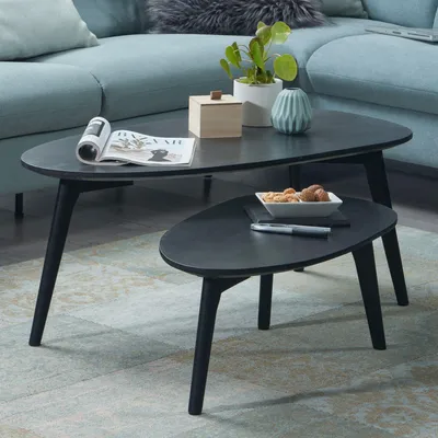 Immagine prodotto di FineBuy Set di 2 tavolini a forma di rene in legno massiccio di mango nero - Tavolino da salotto design retrò - Tavolini con struttura in legno