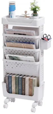 5-stöckiger Bücherwagen mit Rollen, schmal, weiß