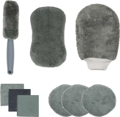 Produktbild von Intirilife 9-teiliges Autopflege Reinigung Set - Mikrofaser Tuch Handschuh zur Autoreinigung, Wachs Reinigungstuch Pflegeset