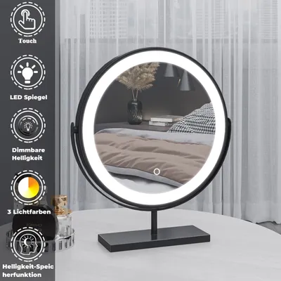 Produktbild von Rund Kosmetikspiegel 40cm,LED Schminkspiegel mit Schwarz Rahmen,Tischspiegel mit 3 Lichtfarbe,dimmbar, Helligkeit-Memory