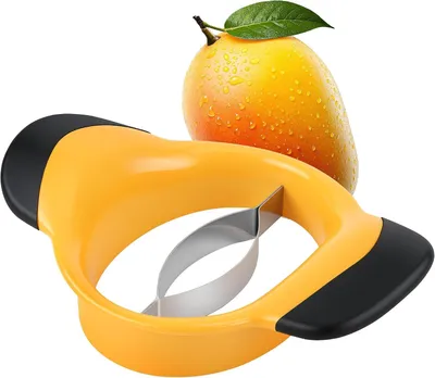 Produktbild von Mangoschneider aus Edelstahl mit Klinge, Entkerner und Fruchthalter zum Teilen und Entkernen