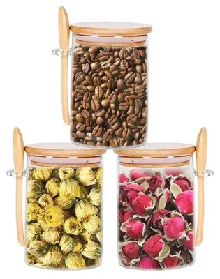 Produktbild von Luftdichte Vorratsbehälter - Glasbehälter - Set von 3 - 600 ml - Holzdeckel - Lebensmittelsicher - Langlebiges Borosilikatglas - Aufbewahrungsglas