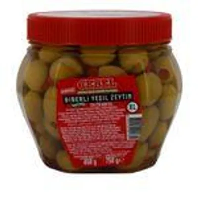 Cebel Grüne Oliven mit roter Paprika – 750 g – Kernlos & in Salzlake eingelegt