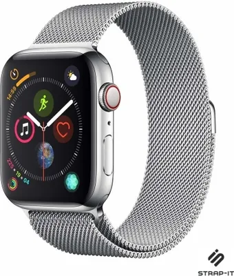 A close-up studio shot of an Apple Watch with a Milanese loop band.