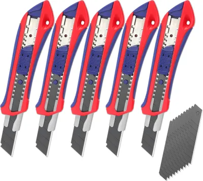 Produktbild von WORKPRO 5 Stück Cuttermesser Set 18mm mit 20 Ersatzklingen aus SK5, Profi Allzweckmesser Abbrechklinge mit Gummigriff, Schneiden zum Papier, Karton