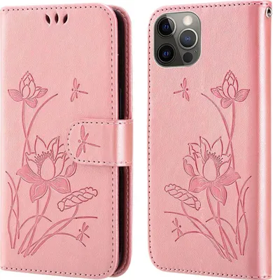 A pink phone case with a lotus flower and dragonfly embossed design, shown open and closed.