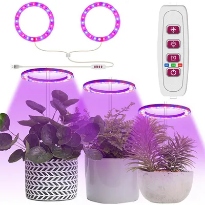 A product image showcasing multiple plant grow lights illuminating potted plants.