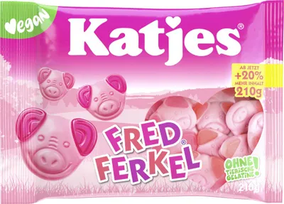 Obrázek produktu pro Katjes Fred Ferkel pěnové cukrovinky s ovocnými gumami, veganské balení 210 g