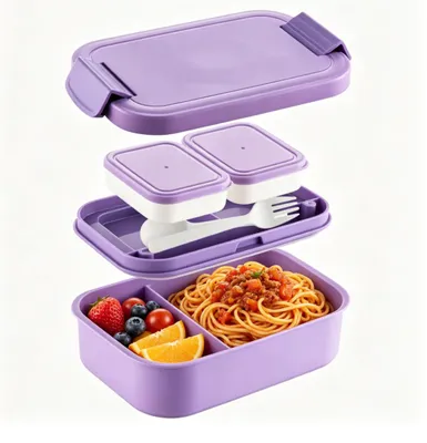 Obrázek produktu pro Obědová krabička s přihrádkami pro dospělé, obědová krabička se lžičkou a vidličkou, vhodná do mikrovlnné trouby, box na oběd do školy, kanceláře nebo na cesty, barva: fialová