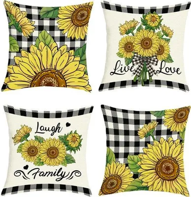Imagen del producto de Juego de 4 fundas de cojín Ibzenoa®, 45 x 45 cm, de poliéster y lino, con motivos de girasoles – Fundas decorativas para sofás, dormitorios y salones