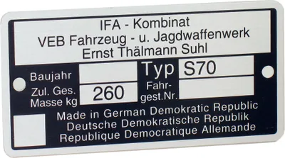 Produktbild von Typenschild S70 Aluminiumplakette
