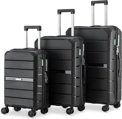 Produktbild von SKYCASES Urban Adventurer – 3 teiliges Hartschalen Kofferset – Polypropylen Schwarz – Zahlenschloss, 4 Rollen