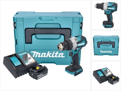 A collage of images showing a Makita cordless drill, its case, batteries, and charger.