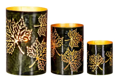 Produktbild von 3er Set Windlichter H10-20cm Teelichthalter Grün Gold Metall Herbstblatt Herbstdeko Tischdeko Kerzenhalter Ahorn Ahornblatt
