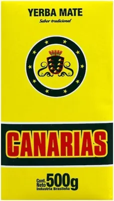 A close-up of a yellow package of Canarias Yerba Mate.