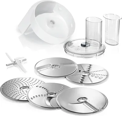 Produktbild von Bosch Zubehör-Set VeggieLove MUZ5VL1, Durchlaufschnitzler inklusive 5 Scheiben (Schneid-Wende-Scheibe, Raspel-Wendescheibe, Reibescheibe mittelfein,
