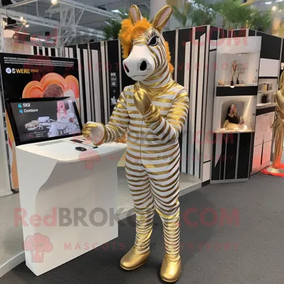 Produktbild von Goldene REDBROKOLY Zebra Maskottchen Kostüm figur bekleidet mit einer Bluse und Ohrringen