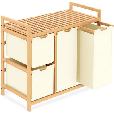 Productafbeelding van Wasmand met 3 compartimenten, 150 liter, bamboe, beige, met opbergruimte