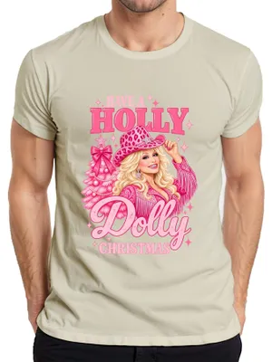 Immagine prodotto di Maglietta da uomo a tema natalizio "Have A Holly Dolly Christmas", con immagine di una cowgirl country, colore rosa, taglia 3XL